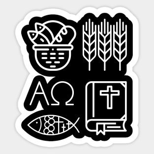 Black and White Christian Symbols Alpha, Omega, Wheat, Harvest, Bible, Fish, Bread Sticker